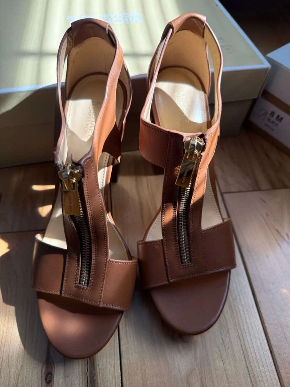 Michael Kors Brown Leather Zip Front Heeled Sandals - Picture 2 of 4
